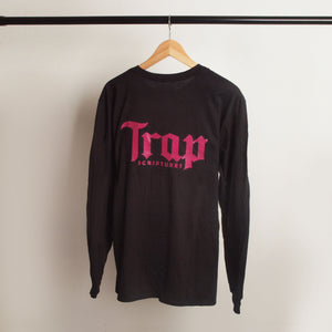 black long sleeve trap scriptures tee with color options