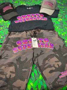 Trapscriptures Black And Purple Camo Short Set With Matching Trucker Hat