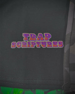 Trapscriptures Black And Purple Camo Short Set With Matching Trucker Hat