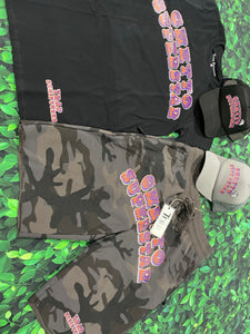 Trapscriptures Black And Purple Camo Short Set With Matching Trucker Hat