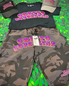 Trapscriptures Black And Purple Camo Short Set With Matching Trucker Hat